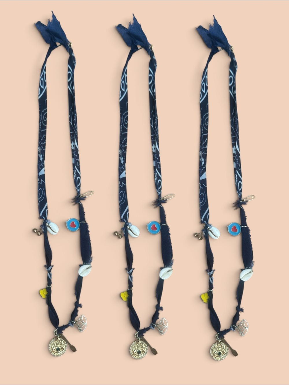 Navy Boho Charm Necklace with Shells and Gold Eye Pendant